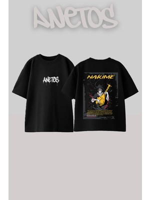 Anetos Nakime Demon Tasarım Sırt Baskılı Pamuk Siyah Oversize T-Shirt
