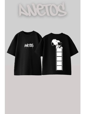 Anetos Snoopy Film Tasarım Sırt Baskılı Pamuk Siyah Oversize T-Shirt