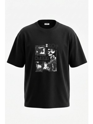 Anetos Kuru Kafa Punk Tasarım Sırt Baskılı Pamuk Siyah Oversize T-Shirt