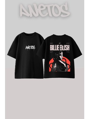 Anetos Billie Eilish 3 Tasarım Sırt Baskılı Pamuk Siyah Oversize T-Shirt