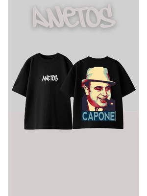 Anetos Al Capone Tasarım Sırt Baskılı Pamuk Siyah Oversize T-Shirt