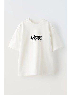 Anetos Ünisex Beyaz Bisiklet Yaka Dar Kalıp Kısa Kol Baskılı T-Shirt