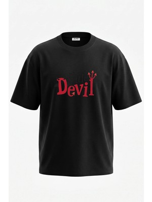 Anetos Little Devil Tasarım Sırt Baskılı Pamuk Siyah Oversize T-Shirt