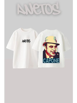 Anetos Al Capone Tasarım Sırt Baskılı Pamuk Beyaz Oversize T-Shirt