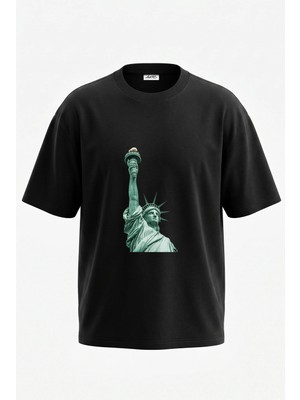 Anetos Statue Of Liberty Tasarım Sırt Baskılı Pamuk Siyah Oversize T-Shirt