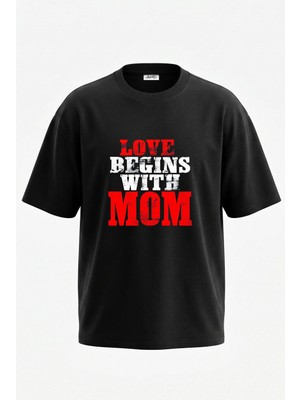 Anetos Love Mom Tasarım Sırt Baskılı Pamuk Siyah Oversize T-Shirt