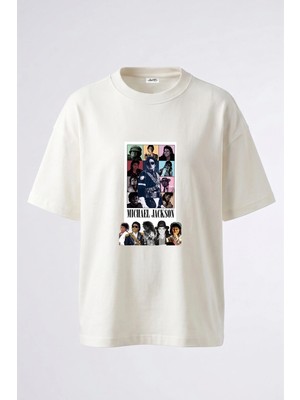 Anetos Michael Jackson_5 Tasarım Sırt Baskılı Pamuk Beyaz Oversize T-Shirt