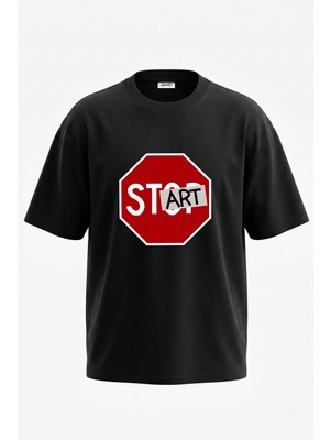 Anetos Stop Sign Art Tasarım Sırt Baskılı Pamuk Siyah Oversize T-Shirt