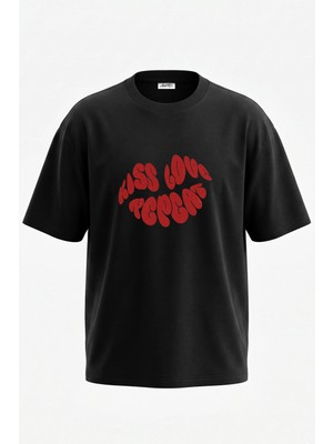 Anetos Kiss Lips Tasarım Sırt Baskılı Pamuk Siyah Oversize T-Shirt