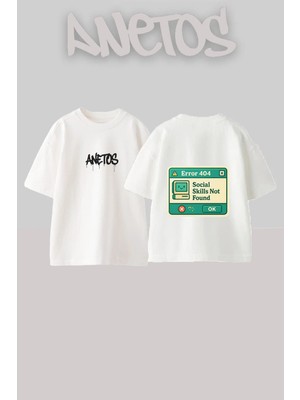 Anetos Error Message Tasarım Sırt Baskılı Pamuk Beyaz Oversize T-Shirt