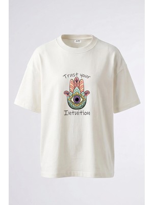 Anetos Hamsa Hand Tasarım Sırt Baskılı Pamuk Beyaz Oversize T-Shirt