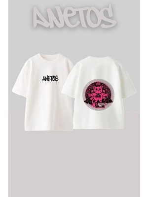 Anetos Occult Cat Tasarım Sırt Baskılı Pamuk Beyaz Oversize T-Shirt