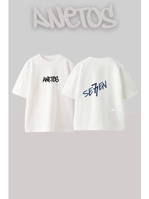 Anetos Seven Lettering Tasarım Sırt Baskılı Pamuk Beyaz Oversize T-Shirt