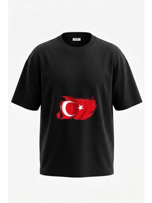 Anetos Grunge Turkish Flag Tasarım Sırt Baskılı Pamuk Siyah Oversize T-Shirt