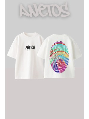 Anetos Fingerprint Pattern Tasarım Sırt Baskılı Pamuk Beyaz Oversize T-Shirt