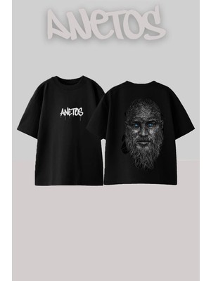 Anetos Viking Portrait Tasarım Sırt Baskılı Pamuk Siyah Oversize T-Shirt