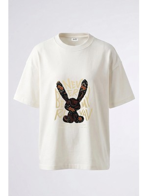 Anetos Dragon Rabbit Tasarım Sırt Baskılı Pamuk Beyaz Oversize T-Shirt
