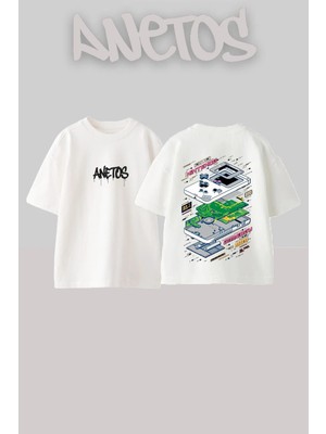 Anetos Gameboy Parts Tasarım Sırt Baskılı Pamuk Beyaz Oversize T-Shirt