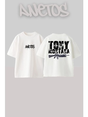 Anetos Tony Montana Guns Streetwear Tarz Sırt Baskılı Pamuklu Beyaz Oversize T-Shirt
