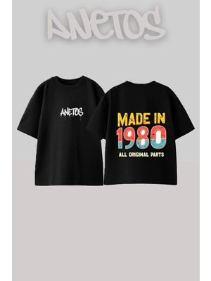 Anetos Made 1980 Tasarım Sırt Baskılı Pamuk Siyah Oversize T-Shirt
