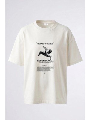 Anetos Icarus Fall Tasarım Sırt Baskılı Pamuk Beyaz Oversize T-Shirt