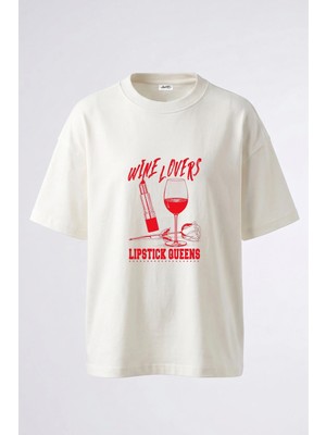 Anetos Wine Lipstick Tasarım Sırt Baskılı Pamuk Beyaz Oversize T-Shirt