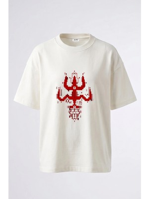 Anetos Shiva Trishula Tasarım Sırt Baskılı Pamuk Beyaz Oversize T-Shirt