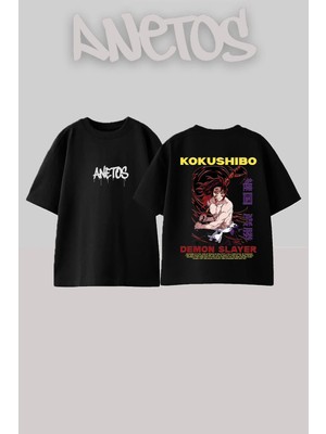 Anetos Kokushibo Demon Tasarım Sırt Baskılı Pamuk Siyah Oversize T-Shirt