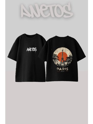 Anetos Eiffel Tower Tasarım Sırt Baskılı Pamuk Siyah Oversize T-Shirt
