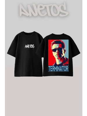 Anetos Arnold Schwarzenegger Tasarım Sırt Baskılı Pamuk Siyah Oversize T-Shirt