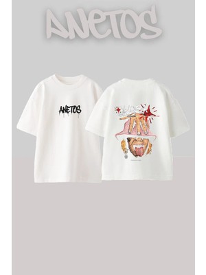 Anetos Tongue Face Tasarım Sırt Baskılı Pamuk Beyaz Oversize T-Shirt