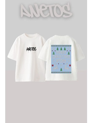 Anetos Christmas Sweater Tasarım Sırt Baskılı Pamuk Beyaz Oversize T-Shirt