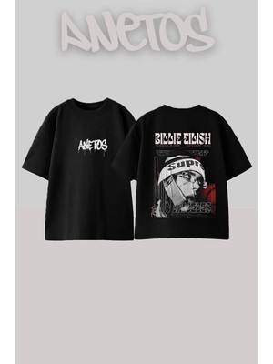 Anetos Billie Eilish 1 Tasarım Sırt Baskılı Pamuk Siyah Oversize T-Shirt