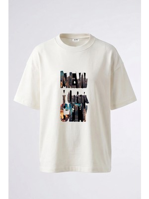 Anetos New York City Tasarım Sırt Baskılı Pamuk Beyaz Oversize T-Shirt