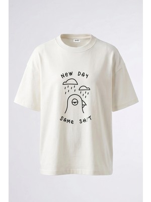 Anetos Grumpy Bird Tasarım Sırt Baskılı Pamuk Beyaz Oversize T-Shirt