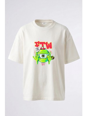 Anetos Goz Isyan Tasarım Sırt Baskılı Pamuk Beyaz Oversize T-Shirt