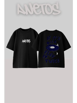 Anetos Vinyl Record Tasarım Sırt Baskılı Pamuk Siyah Oversize T-Shirt