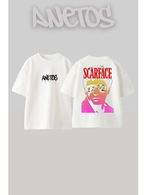 Anetos Tony Montana Streetwear Tarz Sırt Baskılı Pamuklu Beyaz Oversize T-Shirt