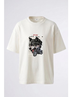 Anetos Wolf Chopper Tasarım Sırt Baskılı Pamuk Beyaz Oversize T-Shirt