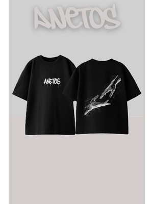 Anetos Network Hands Tasarım Sırt Baskılı Pamuk Siyah Oversize T-Shirt