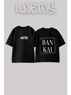 Anetos Bankai Text Tasarım Sırt Baskılı Pamuk Siyah Oversize T-Shirt