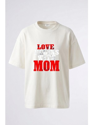 Anetos Love Mom Tasarım Sırt Baskılı Pamuk Beyaz Oversize T-Shirt