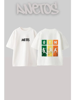 Anetos Gym Exercises Tasarım Sırt Baskılı Pamuk Beyaz Oversize T-Shirt