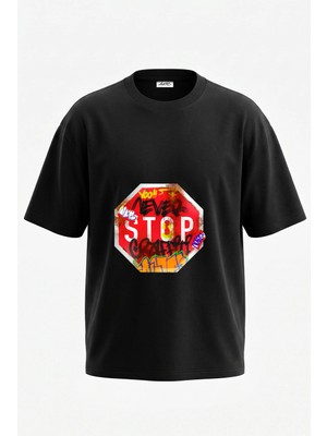 Anetos Stop Sign Graffiti Tasarım Sırt Baskılı Pamuk Siyah Oversize T-Shirt