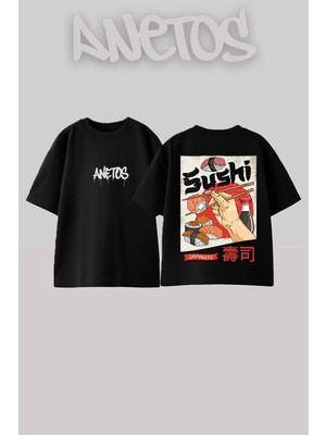 Anetos Sushi Food Tasarım Sırt Baskılı Pamuk Siyah Oversize T-Shirt