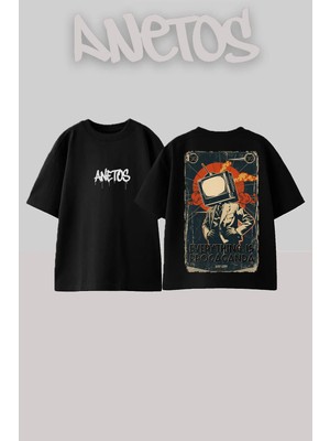 Anetos Television Head Tasarım Sırt Baskılı Pamuk Siyah Oversize T-Shirt