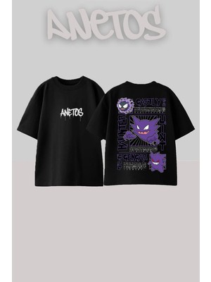Anetos Pokemon Ghost Tasarım Sırt Baskılı Pamuk Siyah Oversize T-Shirt