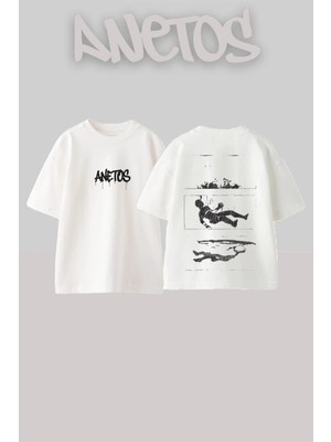 Anetos Suspended People Tasarım Sırt Baskılı Pamuk Beyaz Oversize T-Shirt