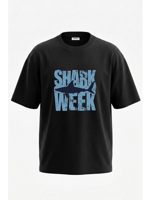 Anetos Shark Week Tasarım Sırt Baskılı Pamuk Siyah Oversize T-Shirt