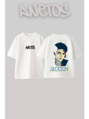 Anetos Michael Jackson Tasarım Sırt Baskılı Pamuk Beyaz Oversize T-Shirt